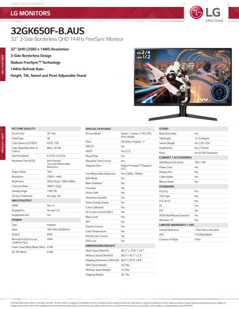 LG 32" 2560x1440 HDMI DP 144hz 5ms 4K QHD Freesync Gaming Monitor