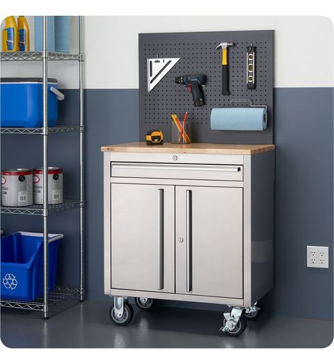 small size garage workbench with pegboard