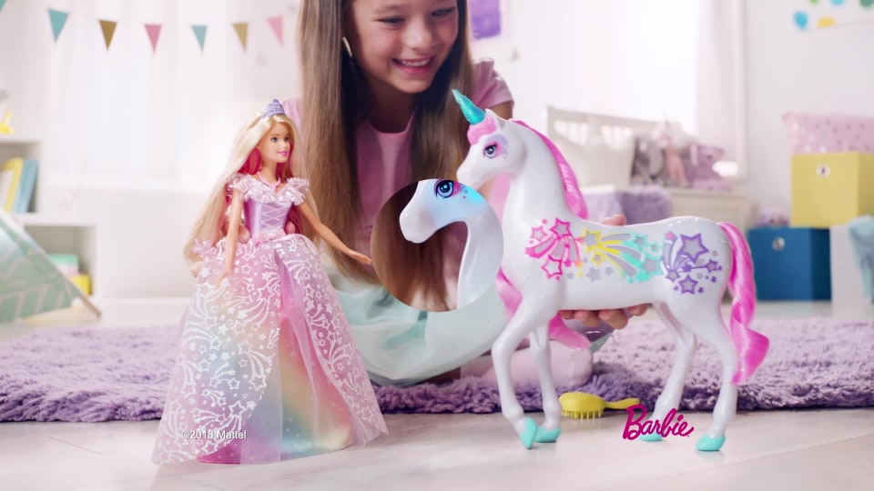 thumbnail video image 2 of Barbie Dreamtopia Brush 'n Sparkle Unicorn, 2 of 7