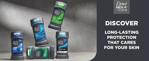 Full range of Dove Men+Care Deodorant Sticks and text about long-lasting protection for your skin.