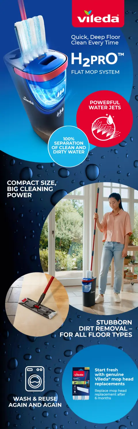 Kit Nettoyage Sols Vileda H2PRO Flat Mop - Seau Double Réservoir, Séparation Eau Propre/sale - Manche 132 Cm, Microfibre