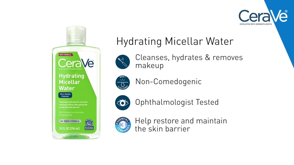 CeraVe Hydrating Micellar Face Cleansing Water & Makeup Remover, 10 oz
