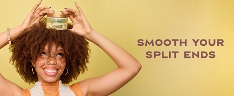 Image of a black woman with abundant, curly hair next to text: "smooth your split ends".