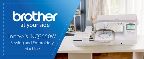 Logo: Brother At Your Side Left Side: Blue Background Headline: Innov-ís NQ3550W  Subhead: Sewing and Embroidery Machine Right Side: NQ3550W on a table in a lifestyle setting 