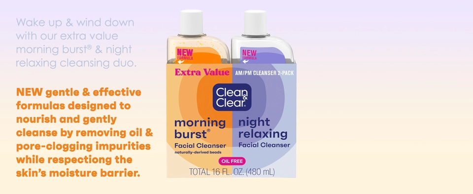 Clean & Clear Night & Day duo on light purple to orange gradiant background, new & effective formula