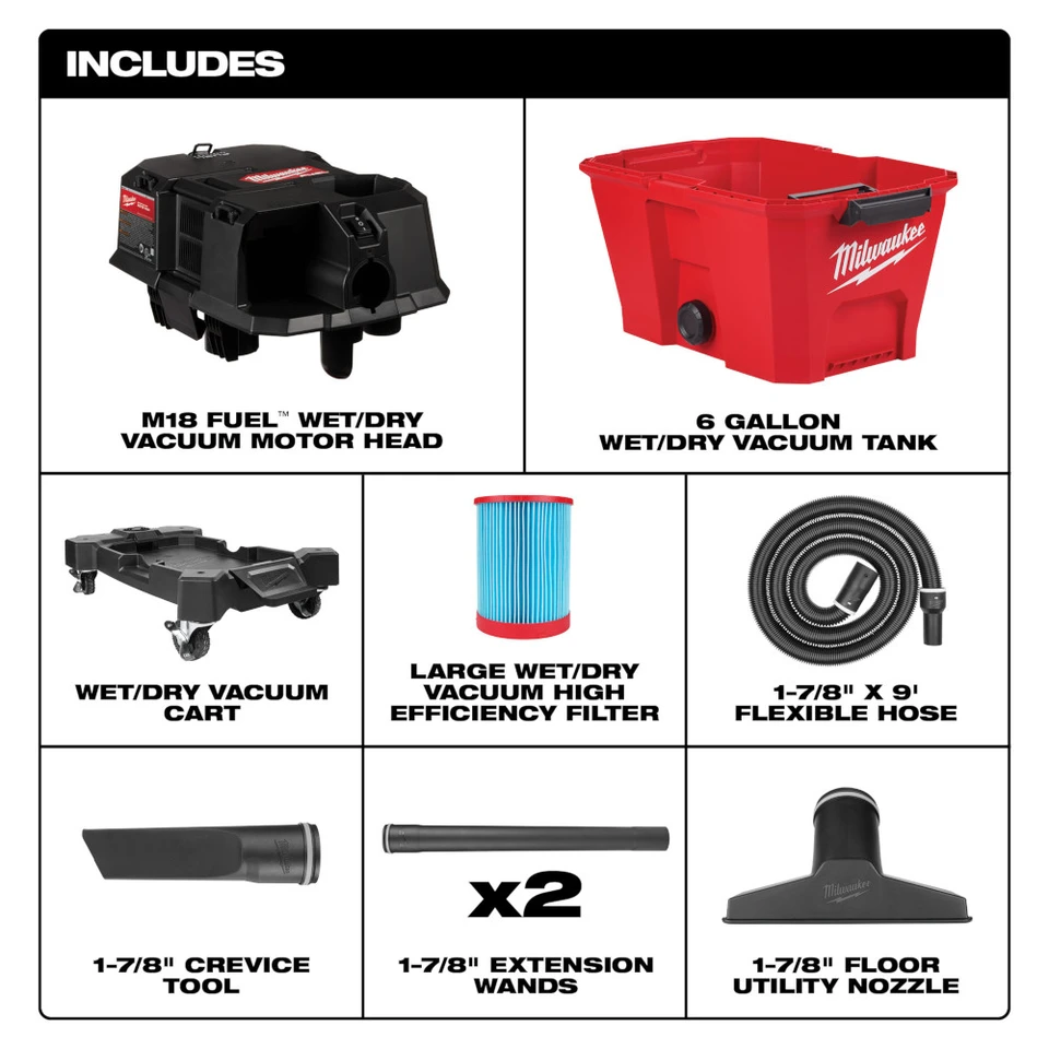 Milwaukee Tool - Wet/Dry Vacuum: Battery, 6.0 gal, 3.5 hp