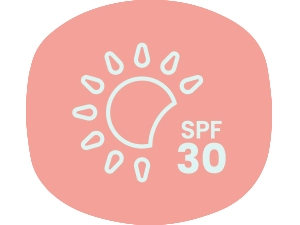Sun icon with SPF 30 on pink rounded rectangle background