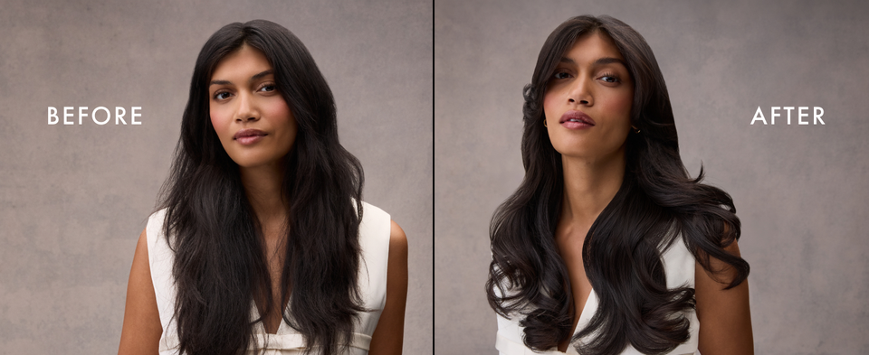 Before and after images of the same woman going from damaged to healthy-looking hair.