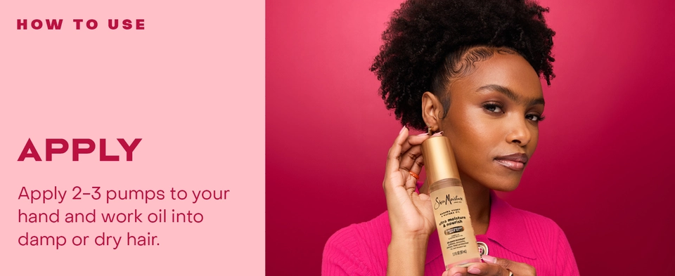 3 steps in images of product being held, applied &amp; a woman with healthy hair: apply, rake, style