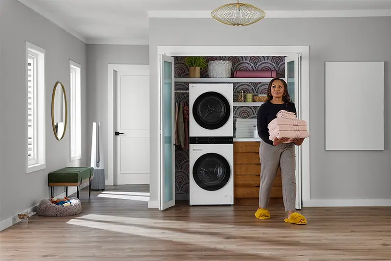LG WKHC152HWA Stacked Smart Electric WashTower Laundry Center with 2.4 CuFt Front Load Washer and 4.2 CuFt Electric Ventless HeatPump Dryer BrandsMart USA