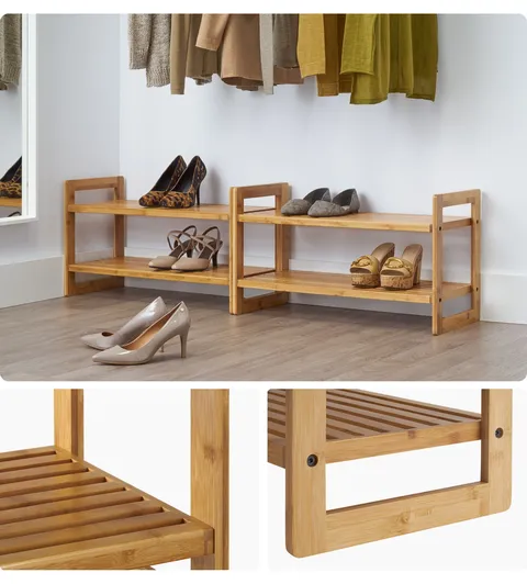 bamboo shoe rack in a open closet