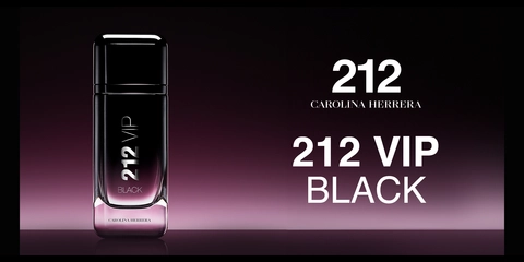 Frasco do perfume 212 VIP Black da Carolina Herrera com fundo escuro e iluminação dramática, destacando a sofisticação da embalagem.