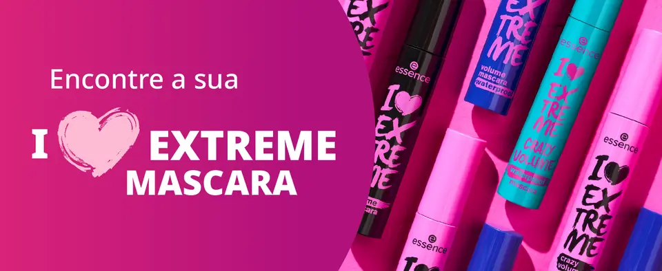 imagem de quatro máscaras de cílios no fundo rosa,escrito encontre a sua i love extreme mascara