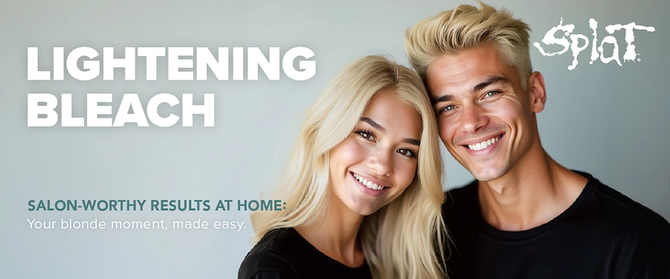 A smiling blonde woman and man stand side by side with matching platinum blonde hair, both wearing black shirts. Bold white text reads “Lightening Bleach” and teal subtext underneath says “Salon-worthy results at home: Your blonde moment, made easy.” The Splat logo appears in the top right corner.