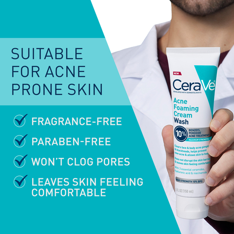 CeraVe Acne Foaming Cream Wash with 10% Benzoyl Peroxide for Face & Body, 5  oz