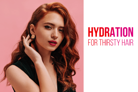 red head woman pink background hydration for thirsty hair headline