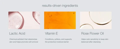 Skincare ingredients display featuring lactic acid, vitamin E, and rose flower oil textures for exfoliating, moisturizing, and soothing skin"