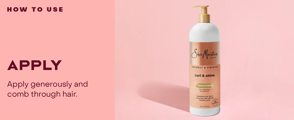 Image of the SheaMoisture Curl &amp; Shine Conditioner pump bottle, next to applying instructions.