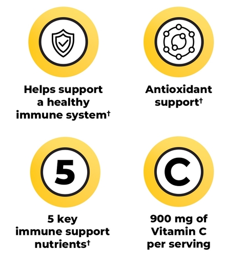 Giúp hỗ trợ hệ thống miễn dịch khỏe mạnh.  Hỗ trợ chống oxy hóa.  5 chất dinh dưỡng hỗ trợ miễn dịch quan trọng  900 mg Vitamin C mỗi khẩu phần.