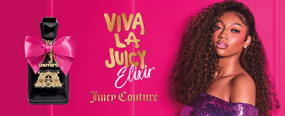 Angel Reese and Viva La Juicy Elixir perfume with text overlay