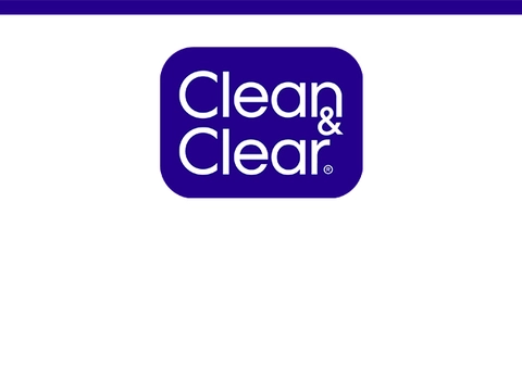 Purple wide screen, shallow bar with purple  Clean & Clear logo center  under it on white background