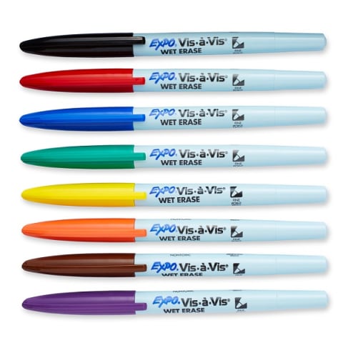 16 Count EXPO Vis-à-Vis Wet Erase Markers, Fine Point, Assorted