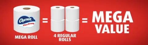 One Charmin Ultra Strong Mega Roll equals to four regular rolls and a mega value.