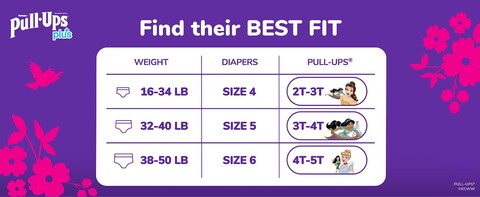 With 3 size options, find the best fit for your child with Pull Ups Plus for Girls training pants