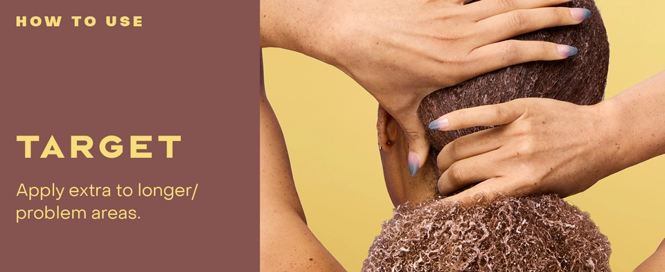 Image of a black woman with curly hair next to text about applying extra product to longer hair.