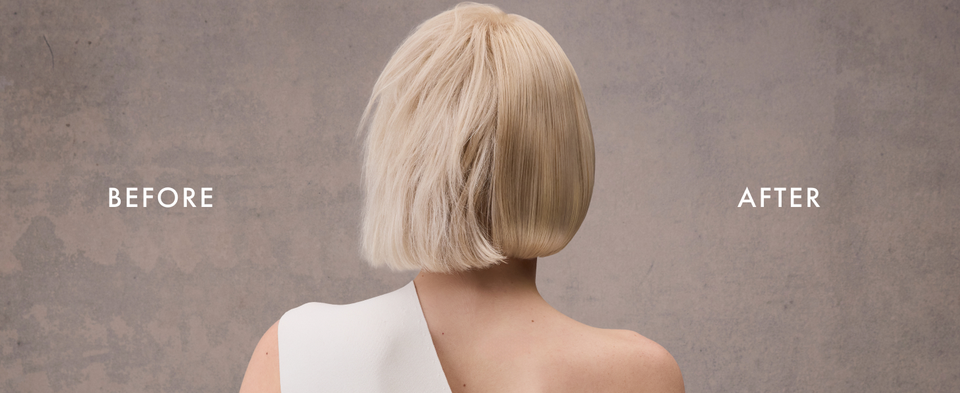 Before/after images of the same woman, from the back, going from damaged to healthy-looking hair.
