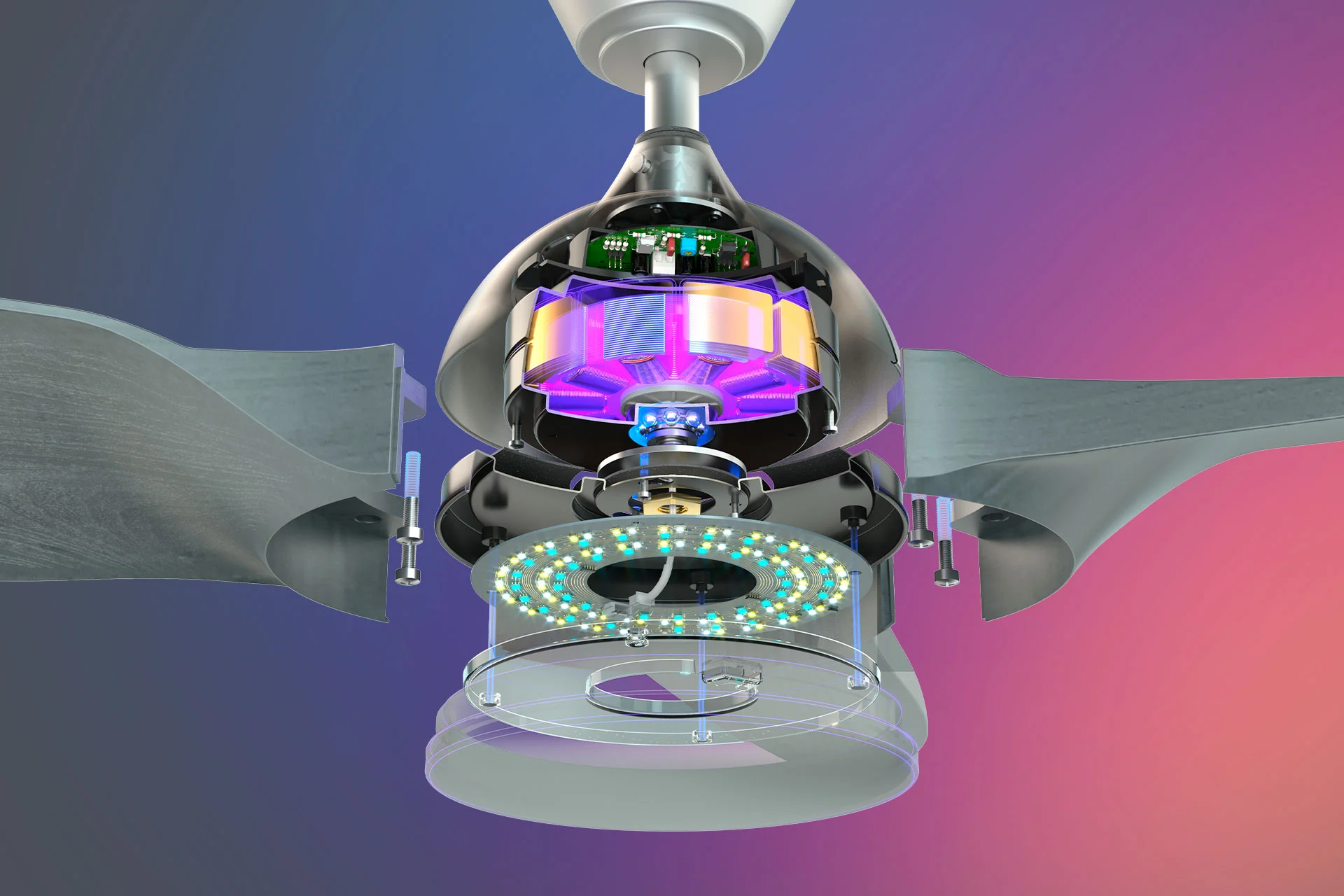 Close-up of the ceiling fan head to show individual components