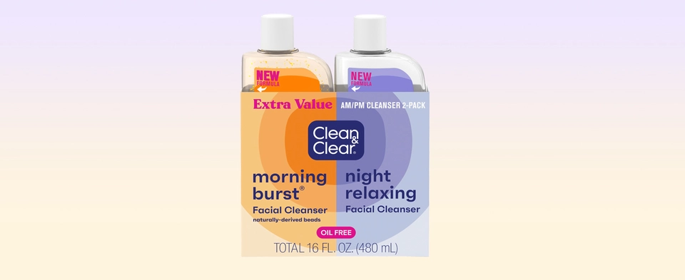 Clean &amp; Clear Night &amp; Day duo on light purple to orange gradiant background