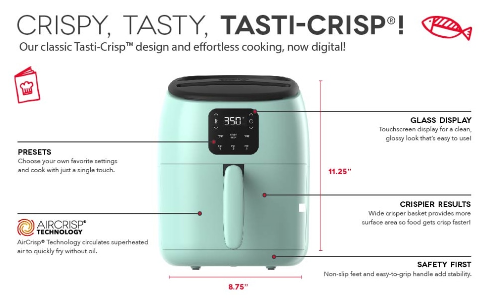 Dash Tasti-Crisp™ Digital Air Fryer with AirCrisp® Technology, Custom  Presets, Temperature Control, and Auto Shut Off Feature, 2.6 Quart, Cool  Gray 