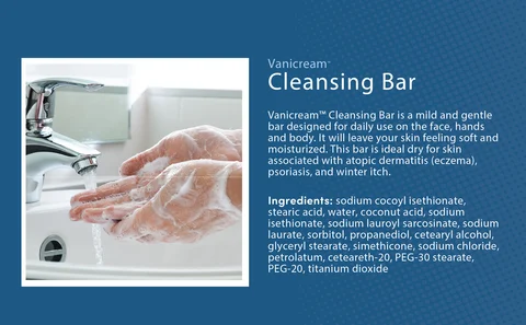 Vanicream™ Cleansing Bar is a mild and gentle bar designed for daily use on the face, hands and body. It will leave your skin feeling soft and moisturized. This bar is ideal for dry skin associated with atopic dermatitis (eczema), psoriasis, and winter itch.  Ingredients: sodium cocoyl isethionate, stearic acid, water, coconut acid, sodium isethionate, sodium lauroyl sarcosinate, sodium laurate, sorbitol, propanediol, cetearyl alcohol, glyceryl stearate, simethicone, sodium chloride, petrolatum, ceteareth-20, PEG-30 stearate, PEG-20, titanium dioxide