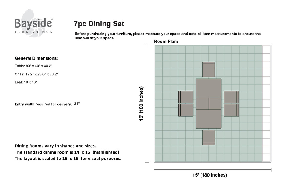 Top-View Diagram of a standard dining room with a grid illustrating the recommended eight feet by eleven feet area required for the most comfortable use of this item.