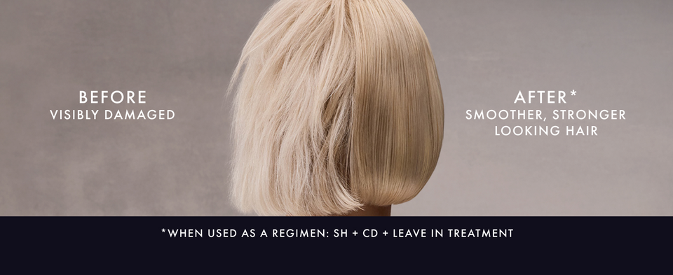 Back view of a blonde bob before treatment and smoother, stronger-looking hair after.