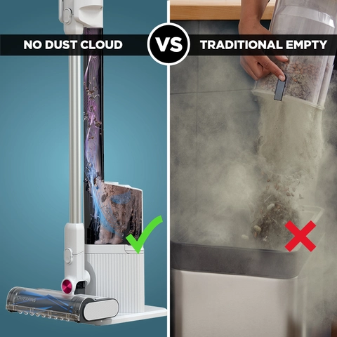 500x less dust exposure* vs. traditional emptying— fine dust is sealed away after every clean, keeping it out of the air you breathe.   *Based on third party-plume testing while emptying vs. Shark® Navigator® upright manual empty US/CAN NV130