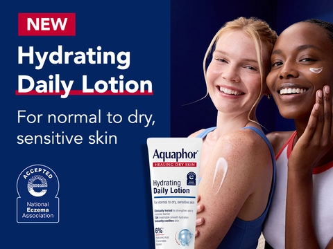 NEW Aquaphor Hydrating Daily Lotion tube for normal to dry, sensitive skin with two smiling diverse women showing product on their skin
