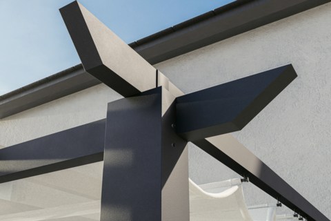 Close up of Modena pergola in charcoal powder-coated finish with dove white canopy.