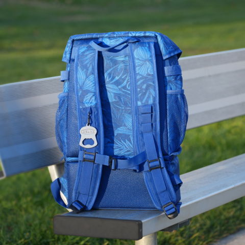 Backpack straps on back side of cooler.