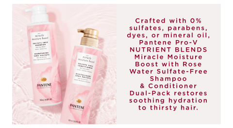 pink pantene sulfate free shampoo and conditioner pump bottles rose petals rose water rosewater