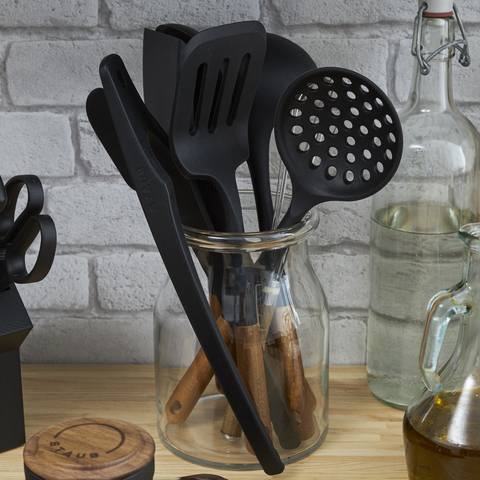 Staub Multifunction Spatula Spoon, Great for Both Cooking and Serving Durable BPA-Free Matte Black Silicone, Acacia Wood Handles, Safe for Nonstick