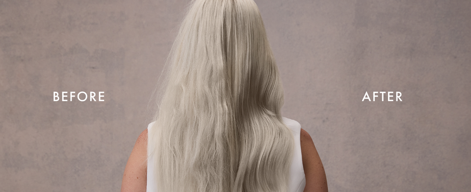 Before-and-after shot of wavy hair going from damaged and frizzy to moisturized and soft.