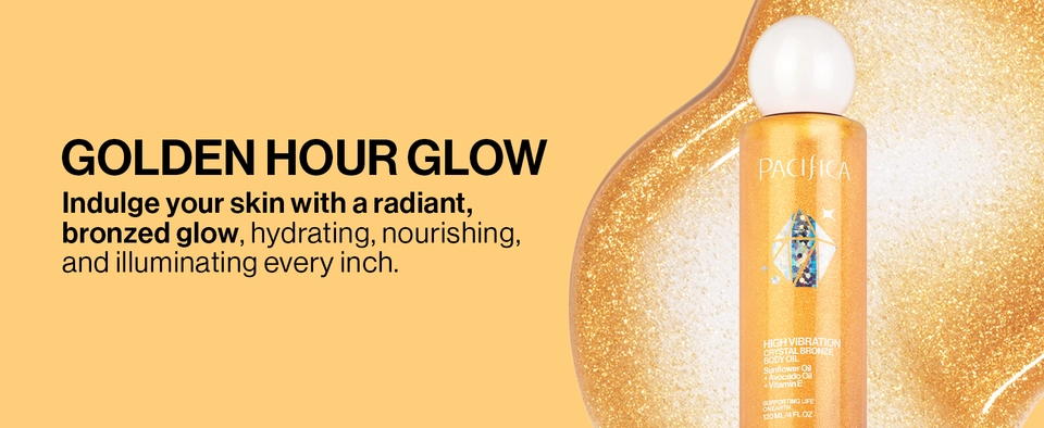 pacifica bronzing body oil crystal bronze shimmering natural sun-kissed glow hydrating illuminator vanilla coconut scent vitamin e silica argan vegan