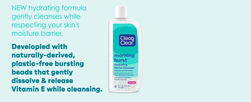 Bottle of Morning Burst hydratiung facial cleanser on pastel teal background, made with vitamin E