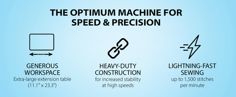 EMBEDED TEXT Headline: THE OPTIMUM MACHINE FOR SPEED &amp; PRECISION   TOP 3 FEATURES WITH  ICONS FOR EACH: GENEROUS WORKSPACE Extra-large extension table (11.1&quot; x 23.3&quot;)  HEAVY-DUTY CONSTRUCTION  for increased stability at high speeds  LIGHTNING-FAST SEWING  up to 1,500 stitches per minute