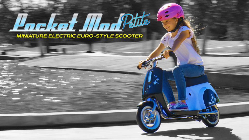 thumbnail video image 2 of Razor Pocket Mod Petite - Purple, 12V Miniature Euro-Style Electric Scooter, up to 8 mph, for Ages 7+, 2 of 15