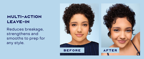 Before and after of a woman's curls looking smoother and more repaired with SheaMoisture.