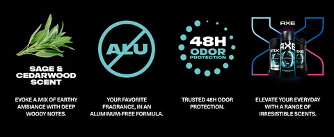 4 icons: sprig of sage, no-aluminum, 48H protection, full range of products.