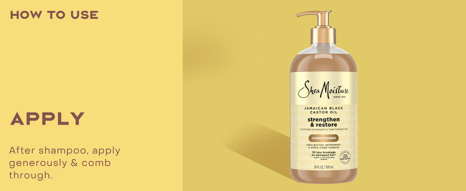 Image of the SheaMoisture Strengthen &amp; Restore Conditioner bottle, next to applying instructions.